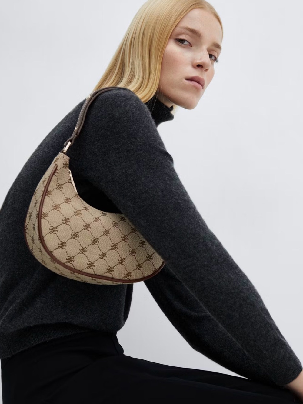 Mango Beige Monogram Crescent Shoulder Bag with Brown Trim